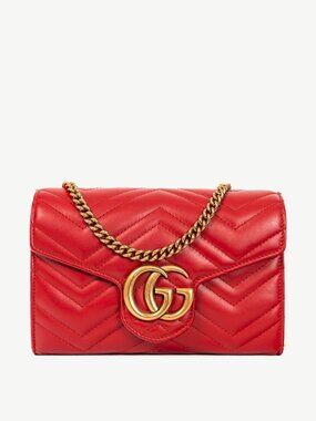 Gucci GG Marmont Red Matelasse Chevron Leather Wallet on Chain